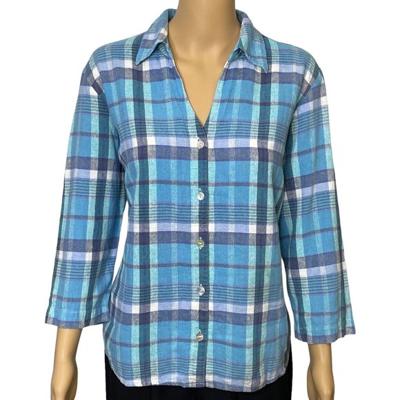 Jordan Womens XL Linen Blend Blue Plaid 3/4 Sleeve Button Up V-Neck Blouse Shirt - Picture 1 of 9